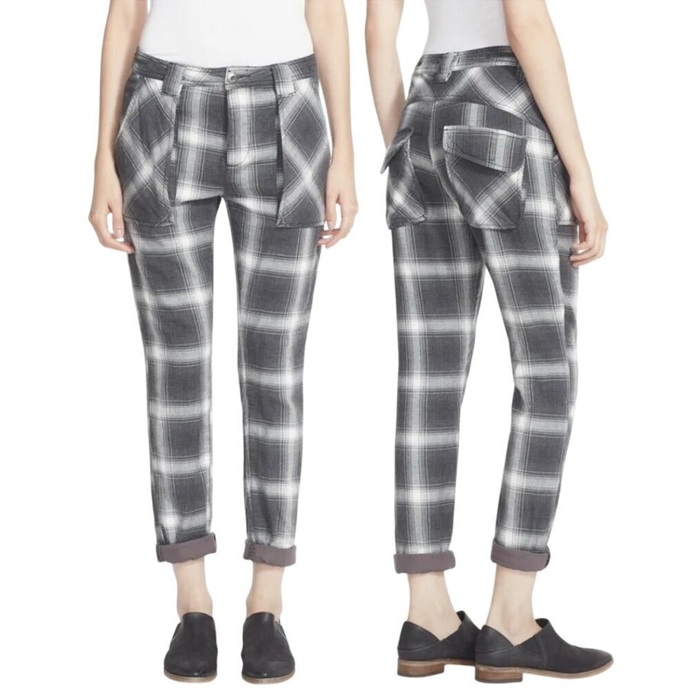 Free People Slouchy Plaid Utility Pants Cropped Cuffed Hem Monocromatic Gray 0